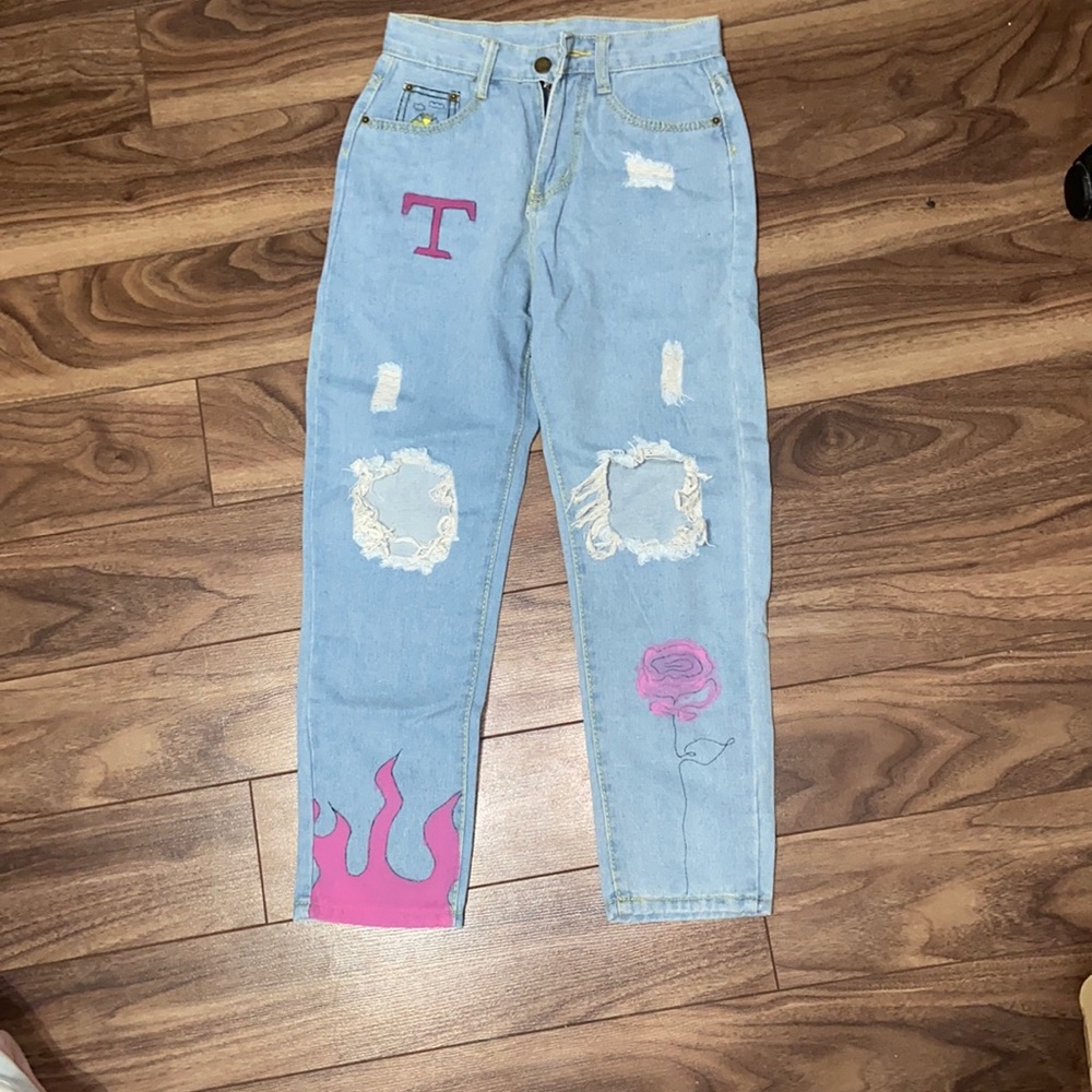 painted light blue washed denim mom jeans